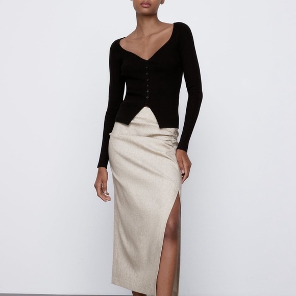 Zara Black Sweetheart Neckline Ribbed Knit Top Cardigan Sweater Size L - Picture 3 of 8